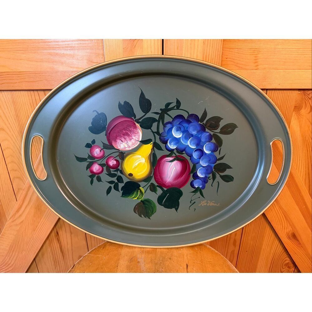 Vintage Hand Painted Fruit Nashco Olive green Metal Tray 19.75” (7183)